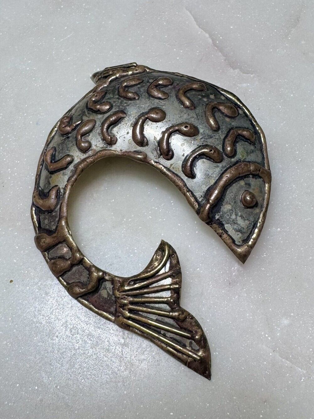 Vintage Large Metal & Brass Fish Pin Brooch Pendant Artisan Jewelry